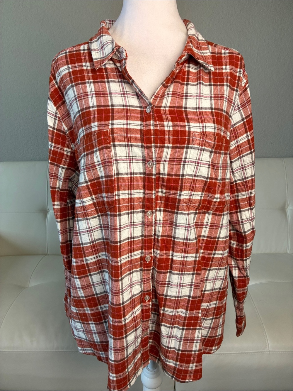 Croft & Barrow Rust and White Flannel Plaid Button-Down Shirt